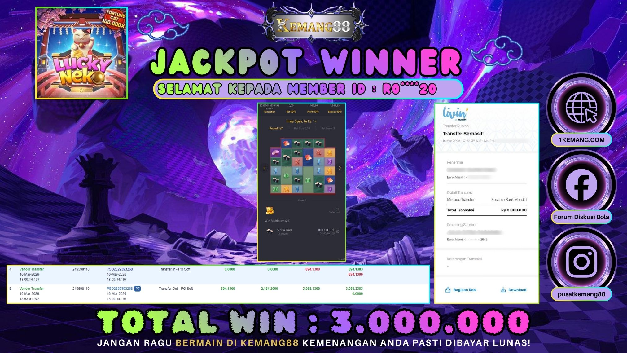 KEMANG88 [16 Maret 2026] : JACKPOT SLOT : LUCKY NEKO [PG] Rp. 3.000.000.,- LUNAS